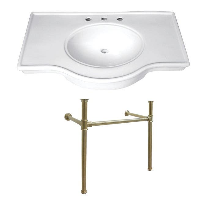 Kingston Brass VPB137 Ceramic Console Sink with Stainless Steel Legs (8 in, 3 Hole), White, 37"