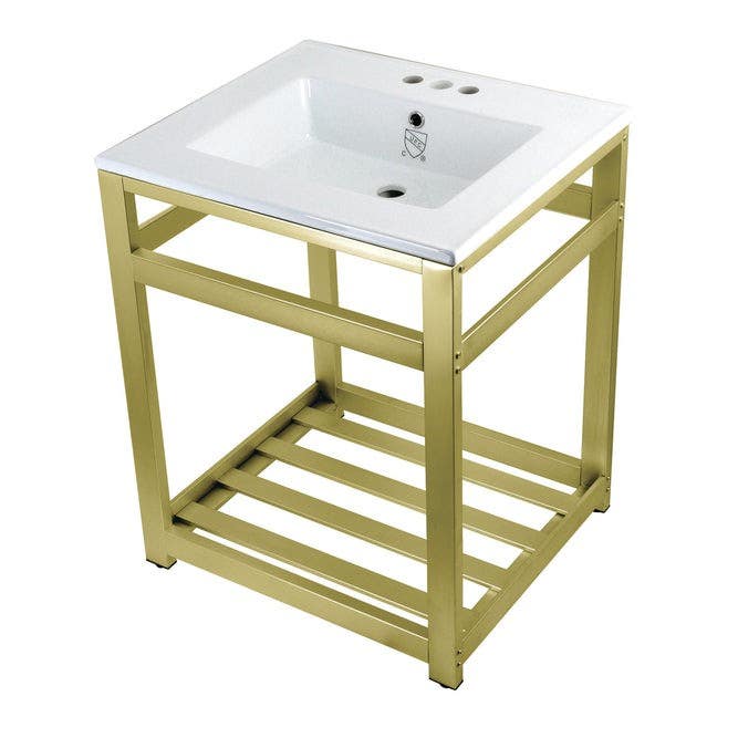 Kingston Brass VWP Ceramic Console Sink with Steel Base and Shelf (4 in, 3 Hole), White