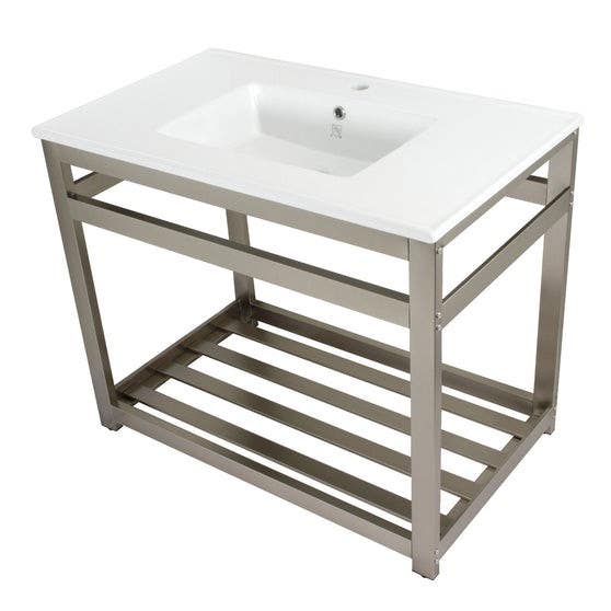 Kingston Brass VWP3722A1 Ceramic Console Sink with Steel Base and Shelf (1 Hole), White, 37"