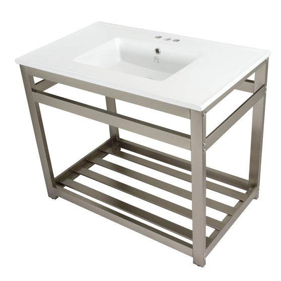 Kingston Brass VWP3722W4A Ceramic Console Sink with Steel Base and Shelf (4 in, 3 Hole), White, 37"