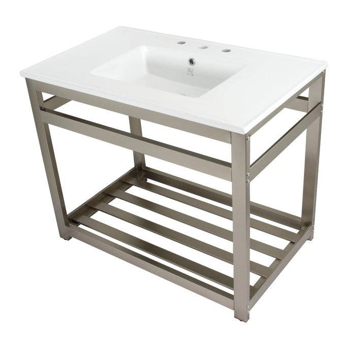 Kingston Brass VWP3722W8A Ceramic Console Sink with Steel Base and Shelf (8 in, 3 Hole), White, 37"