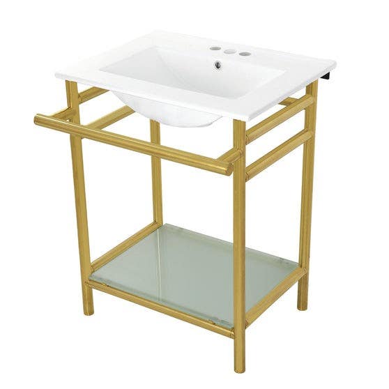 Kingston Brass VPB24187W4 Ceramic Console Sink with Stainless Steel Legs and Glass Shelf (4 in, 3 Hole), White, 24"