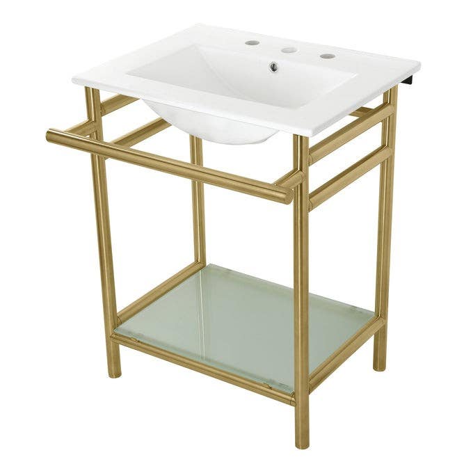 Kingston Brass VPB24187W8 Ceramic Console Sink with Stainless Steel Legs and Glass Shelf (8 in, 3 Hole), White, 24"