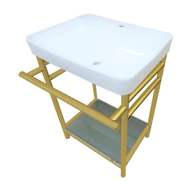 Kingston Brass VPB2318 Ceramic Console Sink with Stainless Steel Legs and Glass Shelf (1 Hole), White, 23"