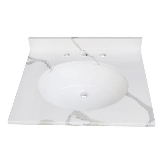 Kingston Brass KVPB2522L38 Solid Surface Vanity Top, Calacatta Marble Glossy White, 25" Length