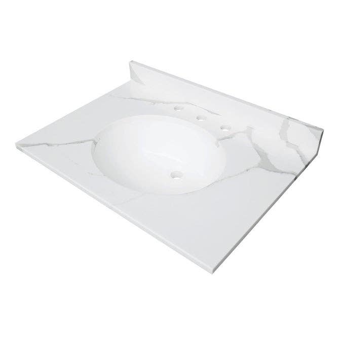 Kingston Brass KVPB3122L38 Solid Surface Vanity Top, Calacatta Marble Glossy White, 31" Length
