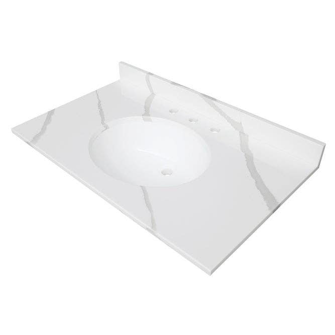 Kingston Brass KVPB3722L38 Solid Surface Vanity Top, Calacatta Marble Glossy White, 37" Length