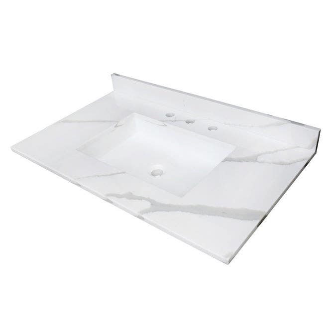 Kingston Brass KVPB3722L38SQ Solid Surface Vanity Top, Calacatta Marble White/Glossy, 37" Length