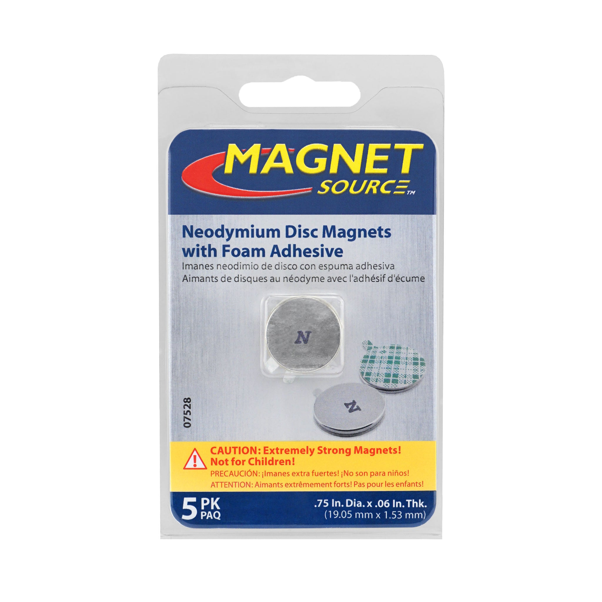 Magnet Source 07528 Neodymium Disc Magnet w/ Adhesive, Pull Rating-3.91 Lbs, (5 Pk)
