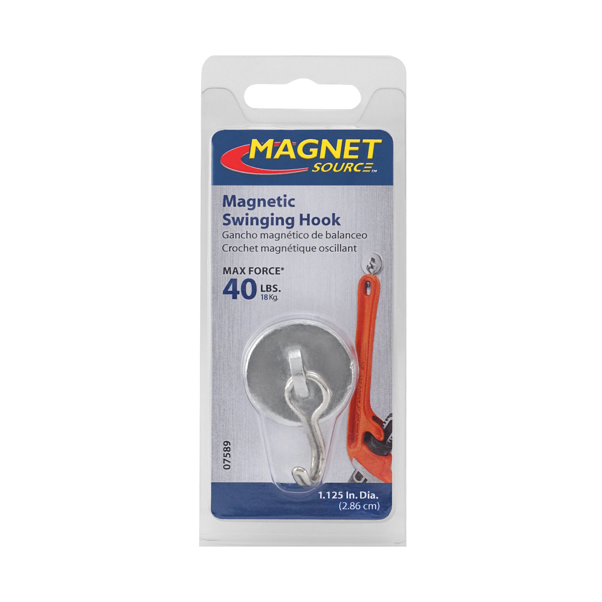 Magnet Source 07589 Neodymium Swinging Magnetic Hook w/ Liner, Pull Rating-40 Lbs.