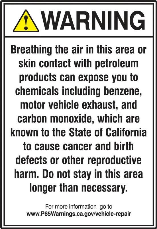 AccuformNMC MCAW3 Prop 65 Service Station and Vehicle Repair Facilities Safety Sign, Cancer And Reproductive Harm