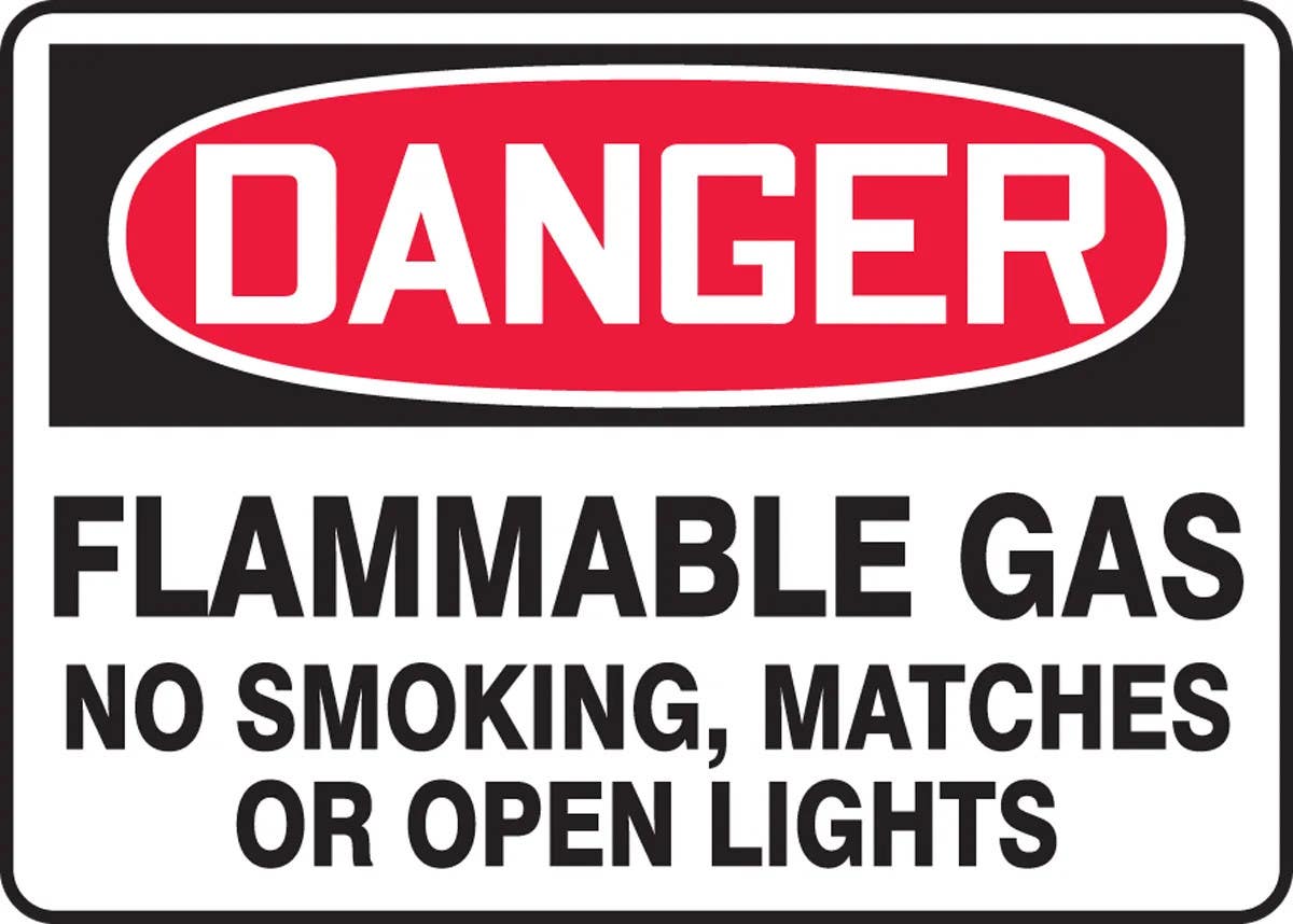 AccuformNMC MCHL273 OSHA Danger Safety Sign, Flammable Gas No Smoking, Matches Or Open Lights, 10" H x 14" W