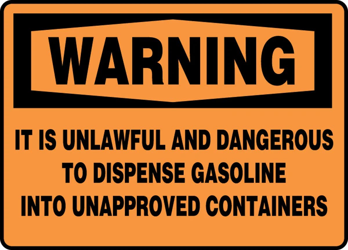 AccuformNMC MCHL338 OSHA Warning Safety Sign, It Is Unlawful And Dangerous To Dispense Gasoline…, 10" H x 14" W
