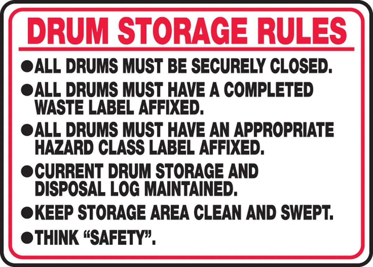 AccuformNMC MCHL509 Safety Sign, Drum Storage Rules, All Drums Must Be Securely Closed..., 10" H x 14" W