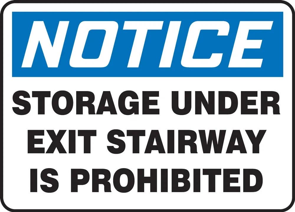 AccuformNMC MCHL839 OSHA Notice Safety Sign, Storage Under Exit Stairway Is Prohibited, 10" H x 14" W