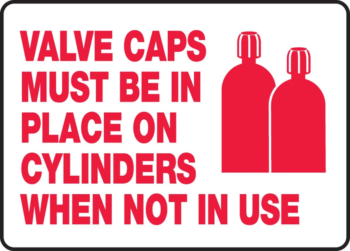 AccuformNMC MCPG502 Compressed Gas Safety Sign, Valve Caps Must Be In Place On Cylinders When Not In Use, 10" H x 14" W