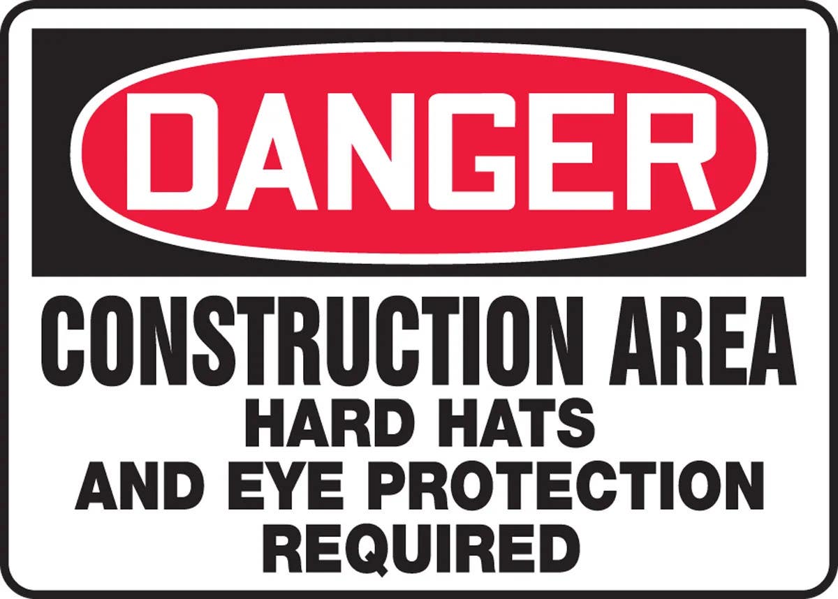 AccuformNMC MCRT138 OSHA Danger Safety Sign, Construction Area, Hard Hats And Eye Protection Required, 10" H x 14" W