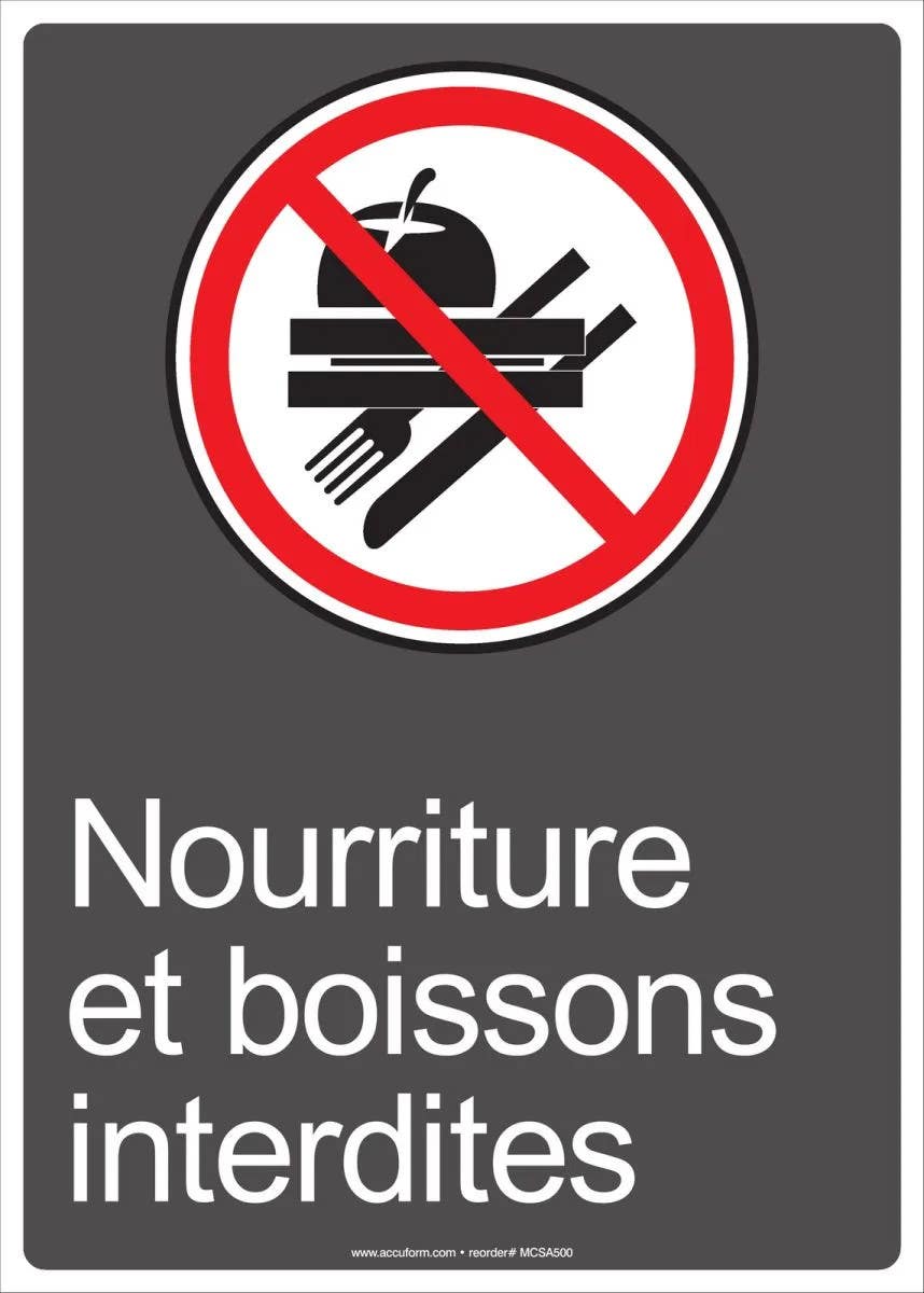 AccuformNMC MCSA500 CSA Safety Sign, Nourriture Et Boissons Interdites, 14" H x 10" W