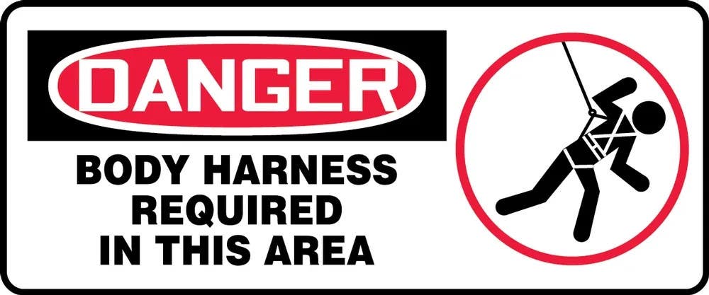 AccuformNMC MCSP074 OSHA Fall Arrest Safety Sign With Graphic, Body Harness Required In This Area, 7" H x 17" W