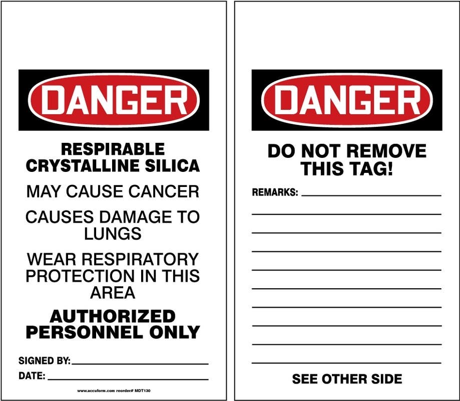 AccuformNMC MDT OSHA Danger Safety Tag, Respirable Crystalline Silica May Cause Cancer..., 5-3/4" H x 3-1/4" W, 5/Pk
