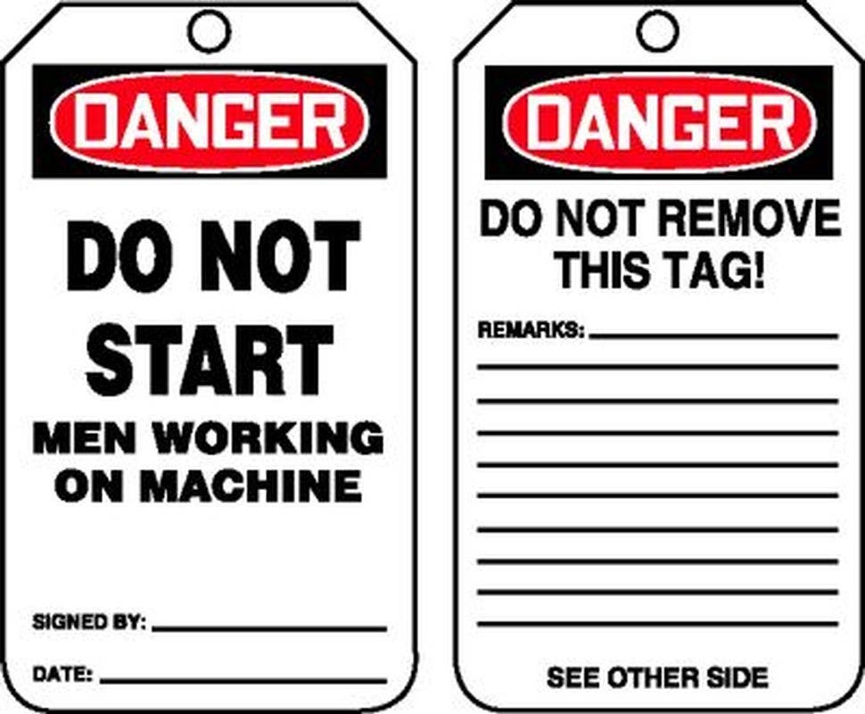 AccuformNMC MDT OSHA Danger Safety Tag, Do Not Start, Men Working On Machine, 5-3/4" H x 3-1/4" W, 5/Pk