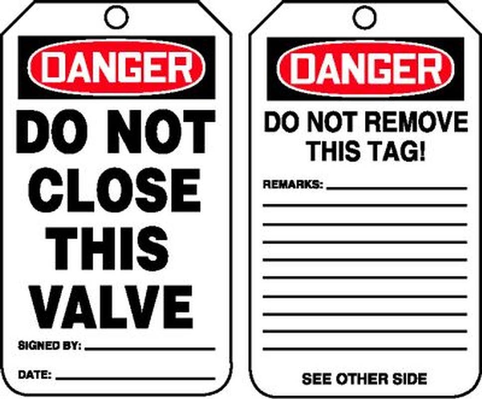 AccuformNMC MDT1 OSHA Danger Safety Tag, Do Not Close This Valve, 5-3/4" H x 3-1/4" W, 5/Pk