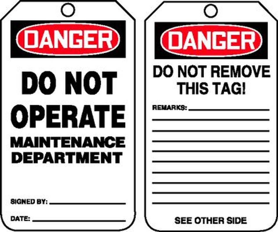 AccuformNMC MDT OSHA Danger Safety Tag, Do Not Operate, Maintenance Department, 5-3/4" H x 3-1/4" W, 5/Pk