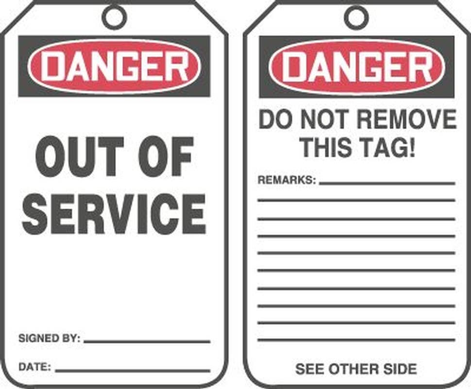 AccuformNMC MDT1 OSHA Danger Safety Tag, Out Of Service, 5-3/4" H x 3-1/4" W, 5/Pk