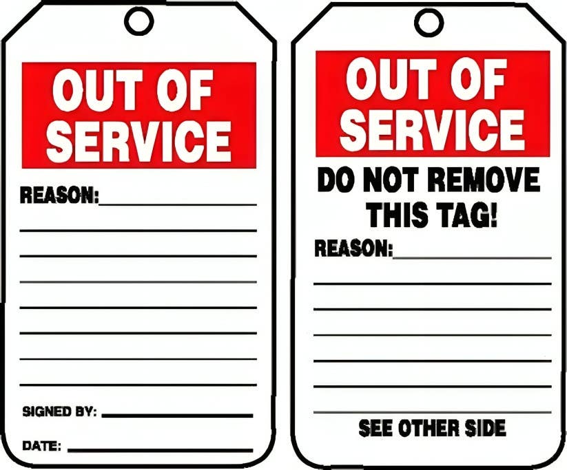 AccuformNMC TRS243PTK Out Of Service Tag, Do Not Remove This Tag, RP-Plastic, 5-3/4" H x 3-1/4" W, 5/Pk w/ Hanger