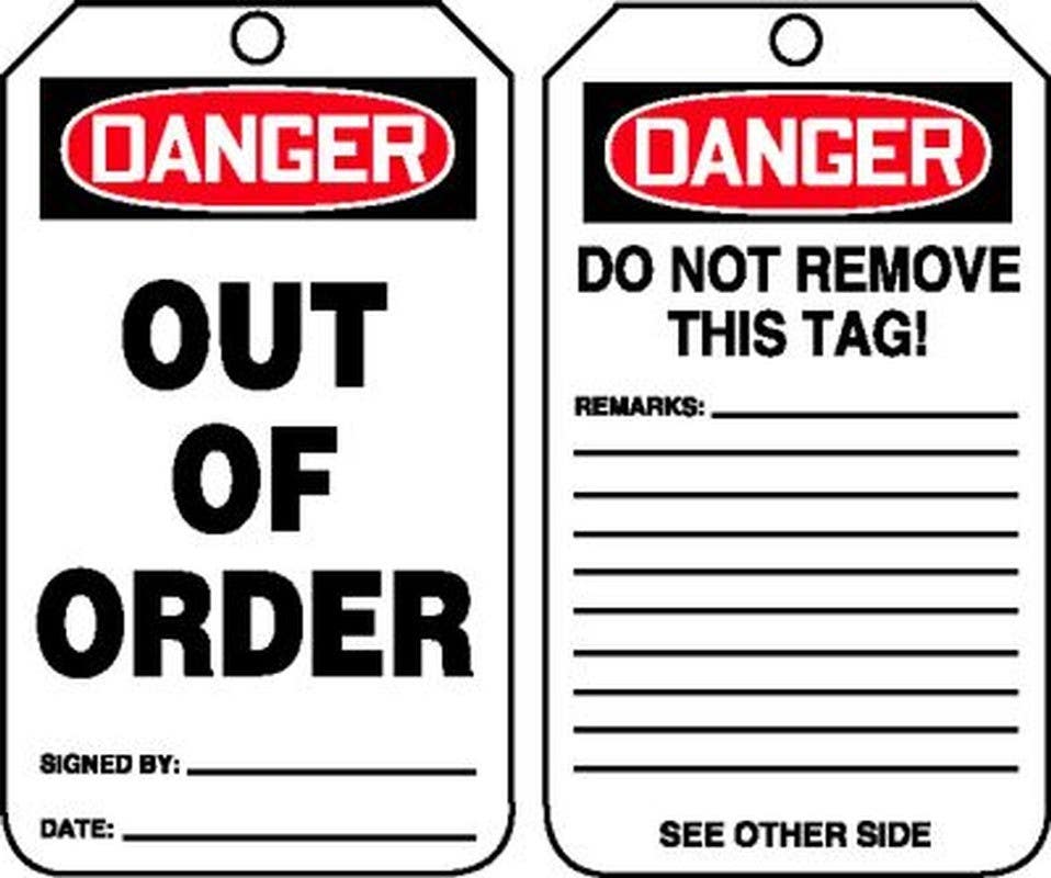 AccuformNMC MDT OSHA Danger Safety Tag, Out Of Order, 5-3/4" H x 3-1/4" W, 5/Pk