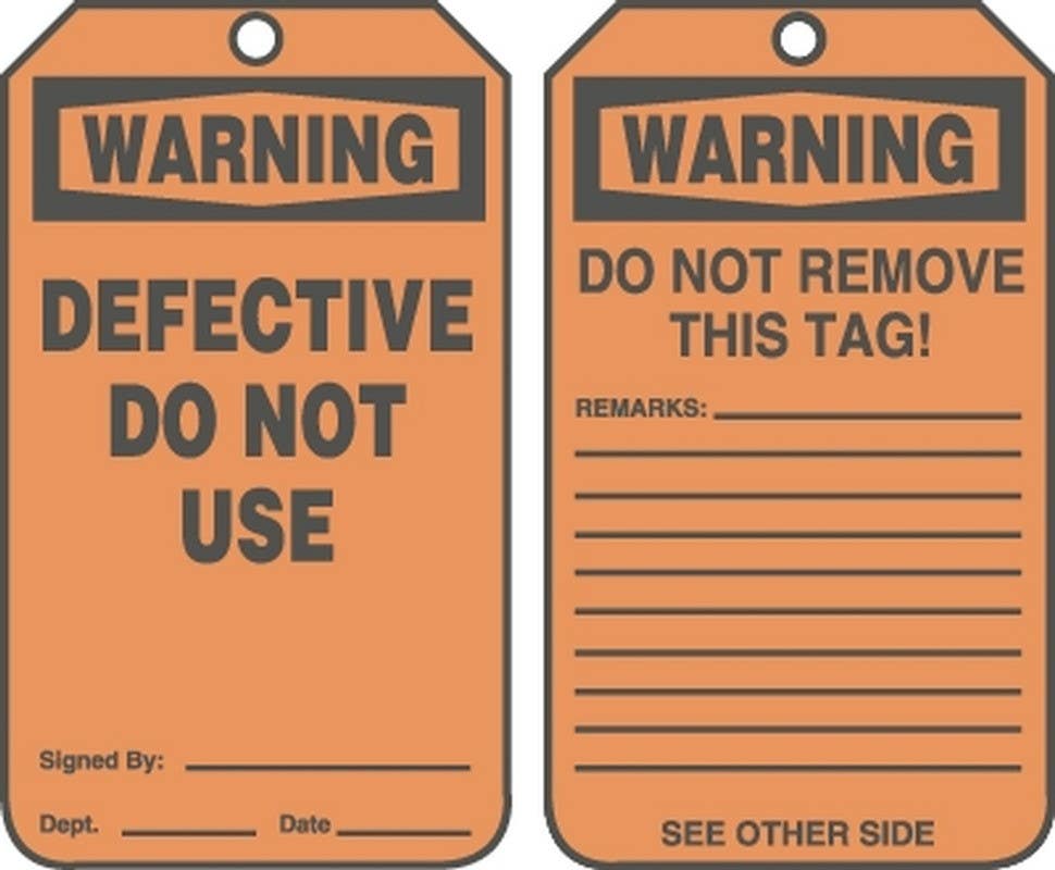 AccuformNMC MDT3 OSHA Warning Safety Tag, Defective, Do Not Use, 5-3/4" H x 3-1/4" W, 5/Pk
