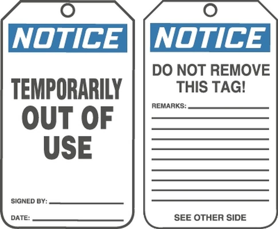 AccuformNMC MDT8 OSHA Notice Safety Tag, Temporarily Out Of Use, 5-3/4" H x 3-1/4" W, 5/Pk