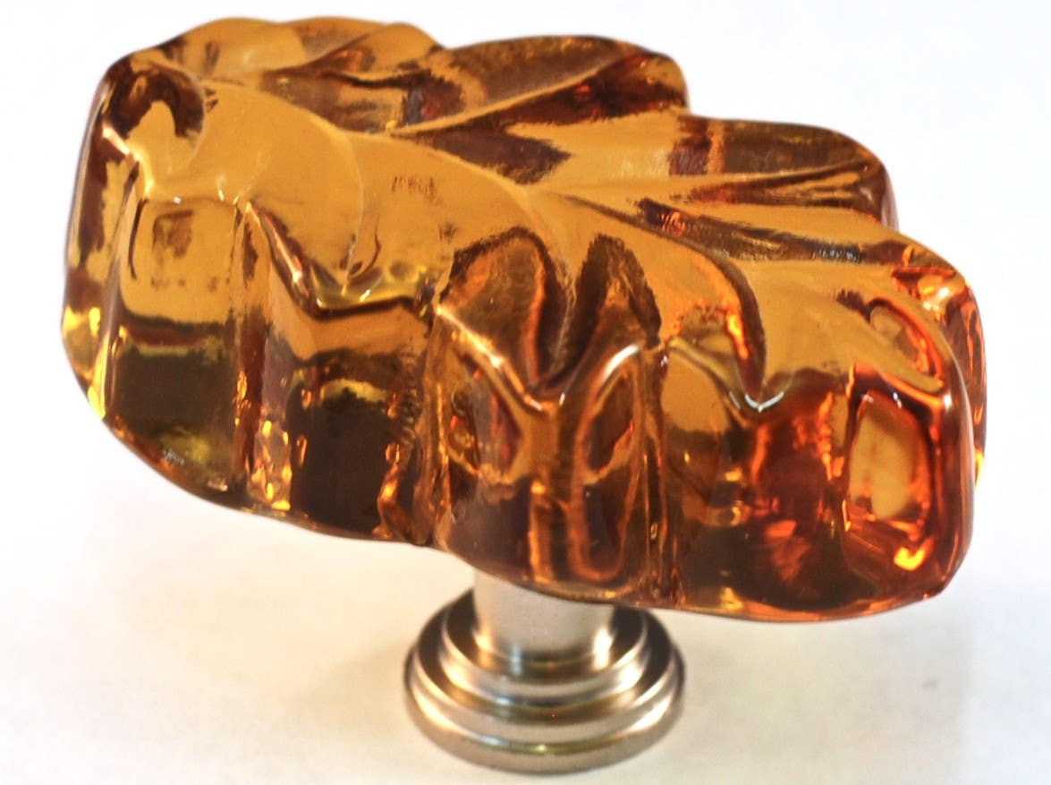Cal Crystal ARTX L2A Art X Oak Leaf Amber Glass Knob w/ Solid Brass Base, 1-1/4" x 2"