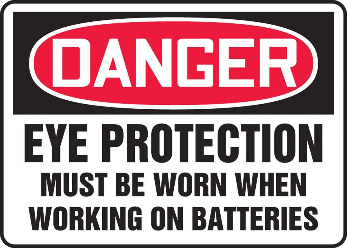 AccuformNMC MELC110 OSHA Danger Safety Sign, Eye Protection Must Be Worn When Working On Batteries, 10" H x 14" W