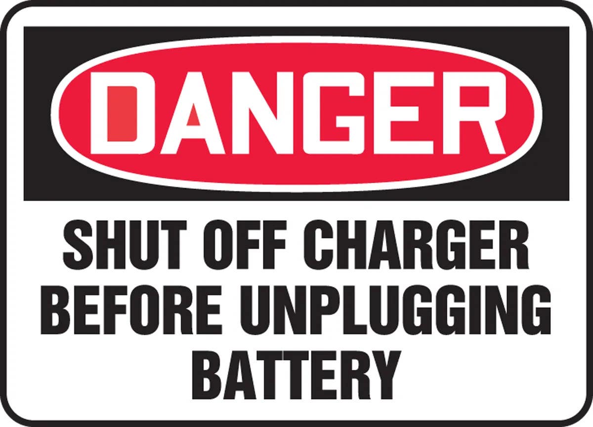 AccuformNMC MELC177 OSHA Danger Safety Sign, Shut Off Charger Before Unplugging Battery, 10" H x 14" W