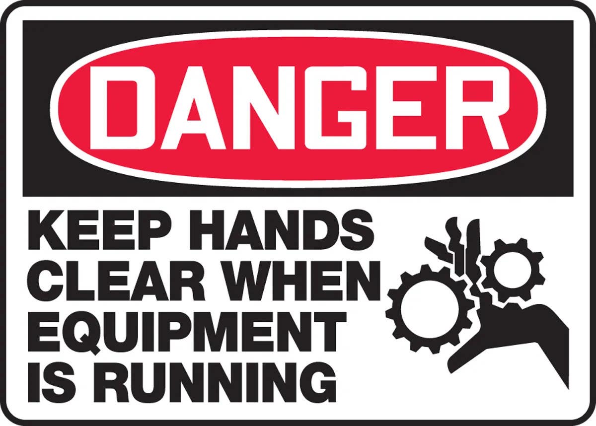 AccuformNMC MEQM136 OSHA Danger Safety Sign, Keep Hands Clear When Equipment Is Running, 10" H x 14" W