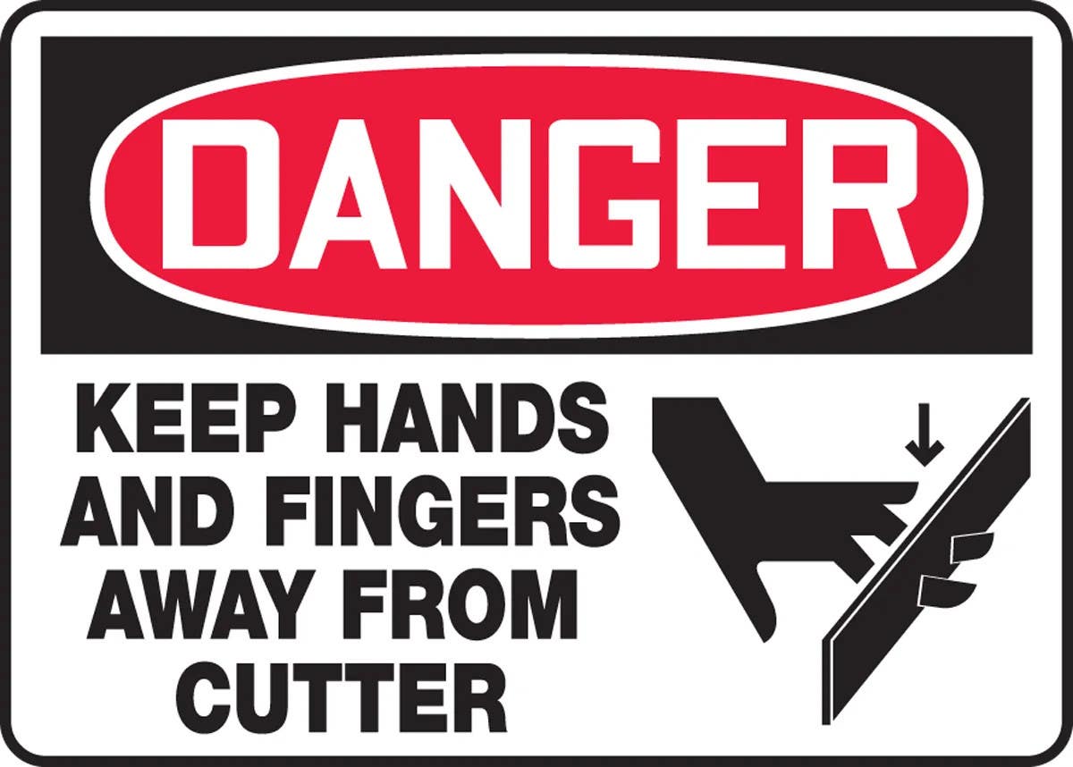AccuformNMC MEQM141 OSHA Danger Safety Sign, Keep Hands And Fingers Away From Cutter, 10" H x 14" W