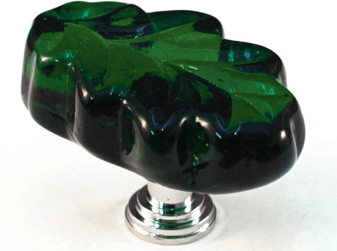 Cal Crystal ARTX L2G Art X Oak Leaf Green Glass Knob w/ Solid Brass Base, 1-1/4" x 2"