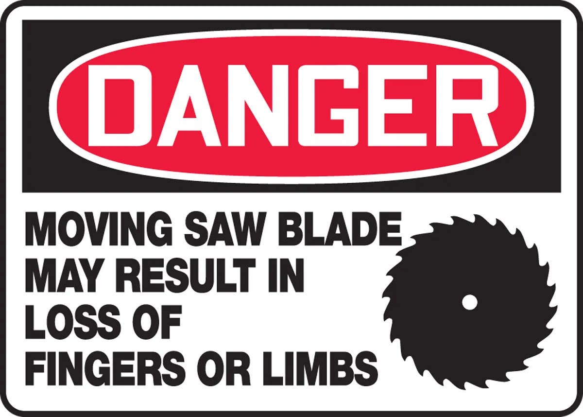 AccuformNMC MEQM142 OSHA Danger Safety Sign, Moving Saw Blade May Result In The Loss Of Fingers Or Limbs, 10" H x 14" W