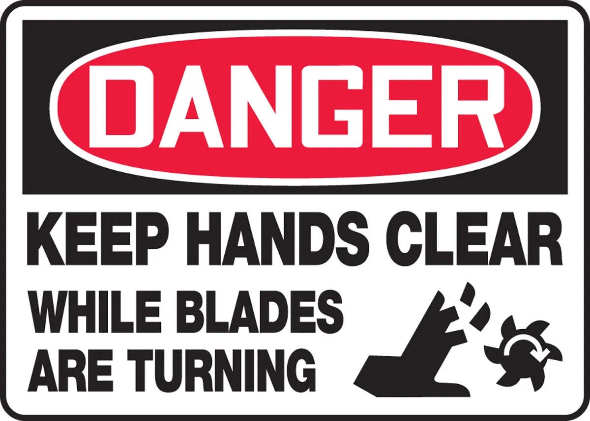 AccuformNMC MEQM144 OSHA Danger Safety Sign, Keep Hands Clear While Blades Are Turning, 10" H x 14" W