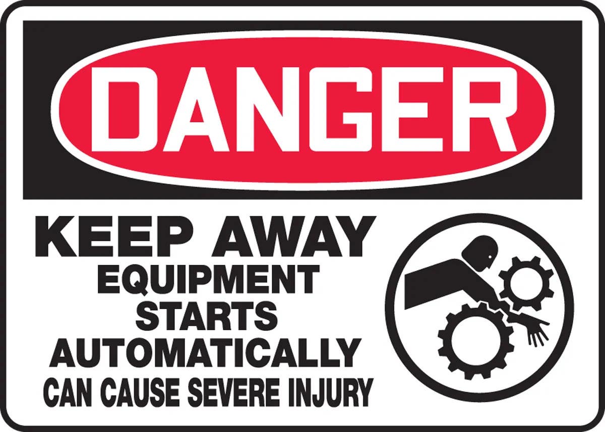 AccuformNMC MEQM151 OSHA Danger Safety Sign, Keep Away, Equipment Starts Automatically..., 10" H x 14" W
