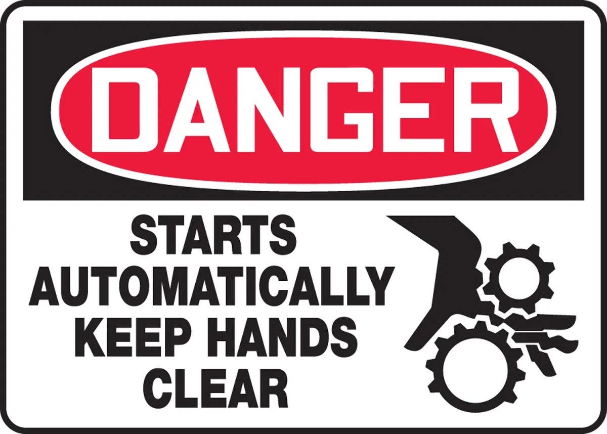 AccuformNMC MEQM OSHA Danger Safety Sign, Starts Automatically Keep Hands Clear