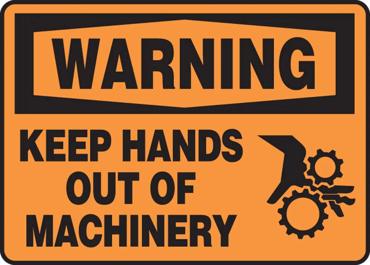 AccuformNMC MEQM3 OSHA Warning Safety Sign w/ Pictogram, Keep Hands Out Of Machinery