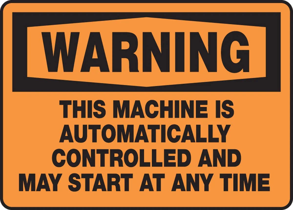 AccuformNMC MEQM322 OSHA Warning Safety Sign, This Machine Automatically Controlled And May Start..., 10" H x 14" W