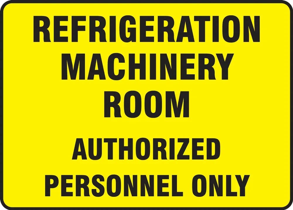 AccuformNMC MEQT500 Safety Sign, Refrigeration Machinery Room Authorized Personnel Only, 10" H x 14" W