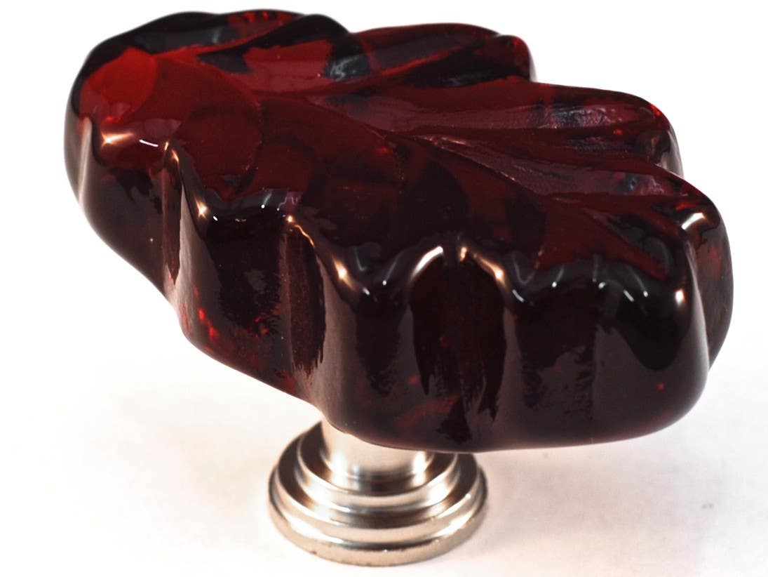 Cal Crystal ARTX L2R Art X Oak Leaf Red Glass Knob w/ Solid Brass Base, 1-1/4" x 2"