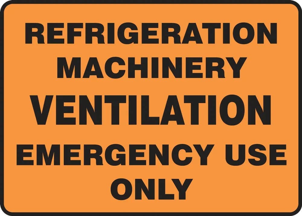 AccuformNMC MEQT502 Safety Sign, Refrigeration Machinery Ventilation Emergency Use Only, 10" H x 14" W