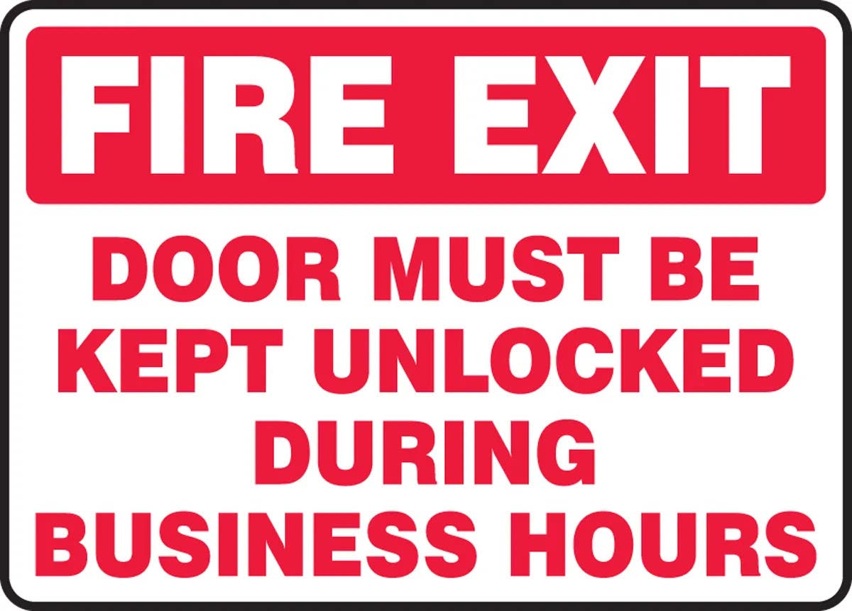 AccuformNMC MEXT571 Safety Sign, Fire Exit, Door Must Be Kept Unlocked During Business Hours, 10" H x 14" W