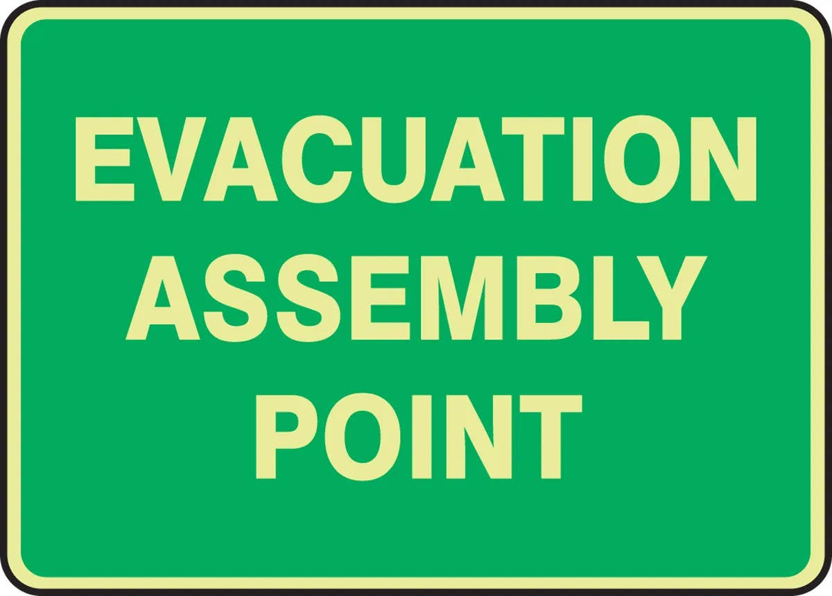 AccuformNMC MFEX933 Glow-In-The-Dark Safety Sign, Evacuation Assembly Point, 14" H x 20" W