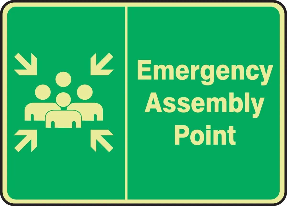 AccuformNMC MFEX940 Glow-In-The-Dark Safety Sign, Emergency Assembly Point, 14" H x 20" W